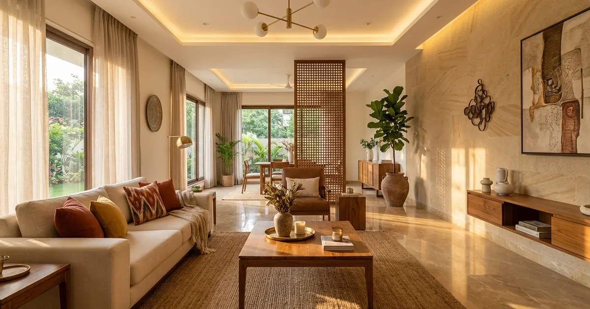 Interior design ideas for Indian homes - Warm living room with natural stone flooring, sandstone feature wall, and modern wooden jali