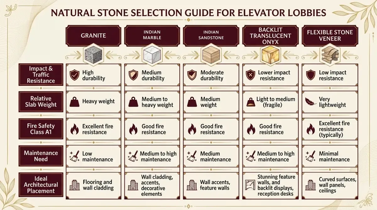Natural stone selection guide for elevator lobbies comparison matrix showing granite, Indian marble, sandstone, onyx and stone veneer