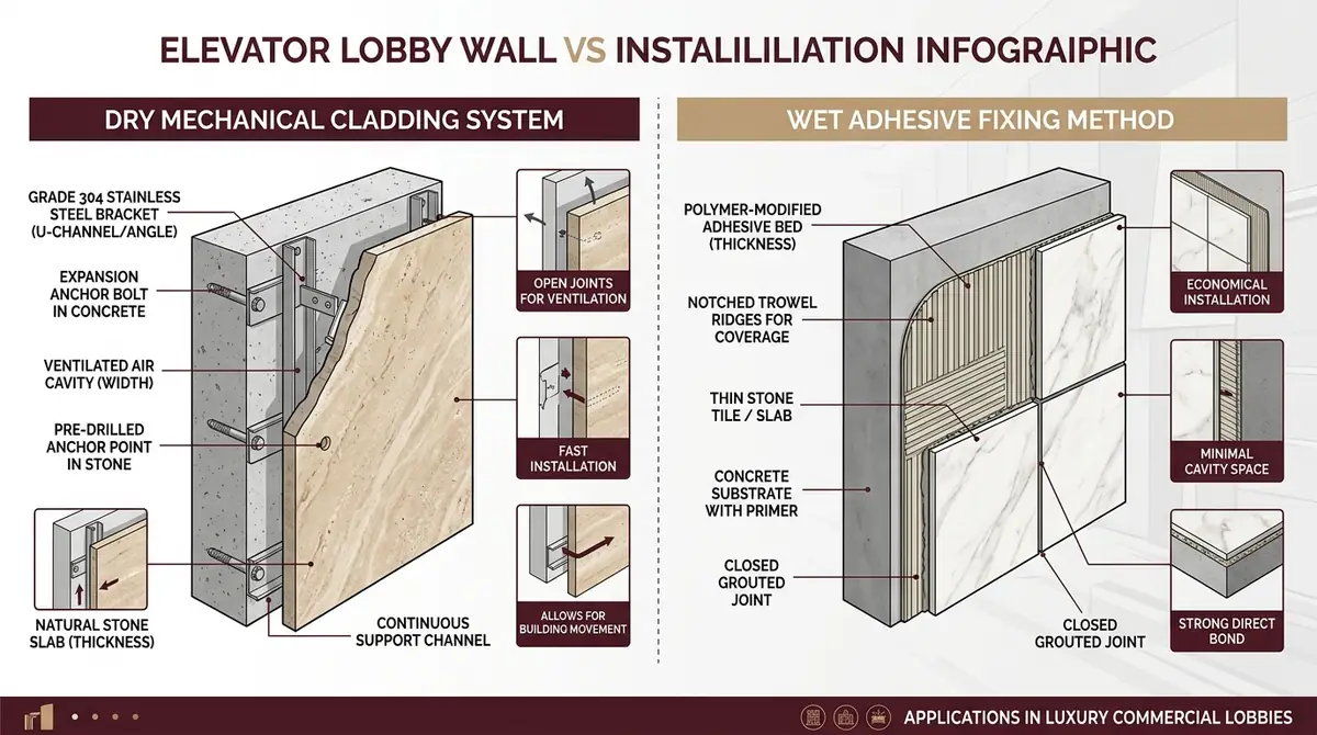 Elevator lobby wall installation infographic comparing dry mechanical cladding system with wet adhesive fixing method