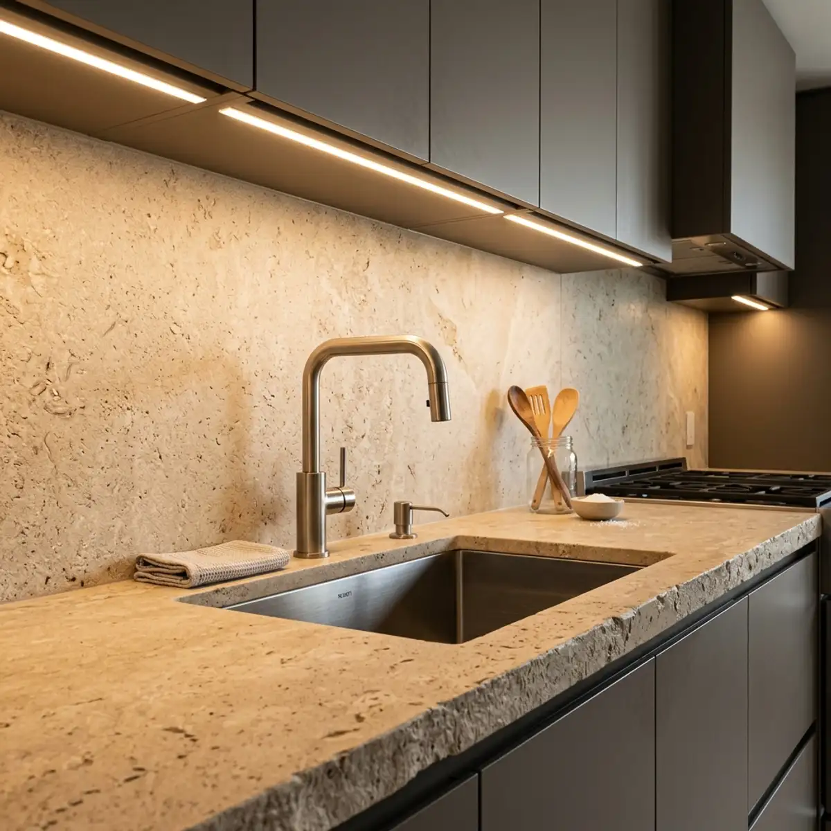 Close up shot of limestone being used in a kitchen setting with modern styling