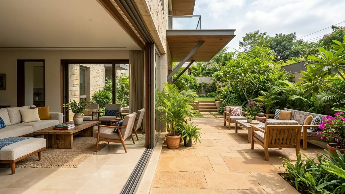 Luxury home transition showing smooth honed beige limestone indoor flooring and textured sandstone garden patio paving