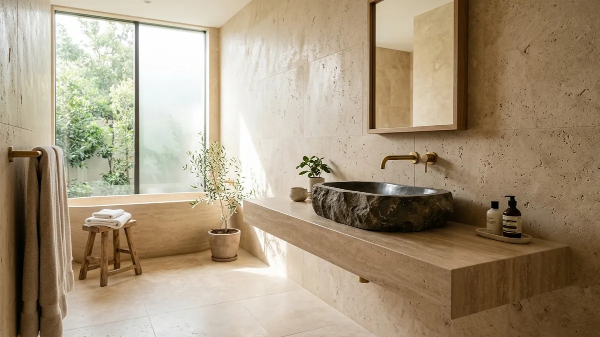 Luxury spa bathroom designed with natural beige travertine vanity countertop, custom carved river stone washbasin and textured limestone wall cladding