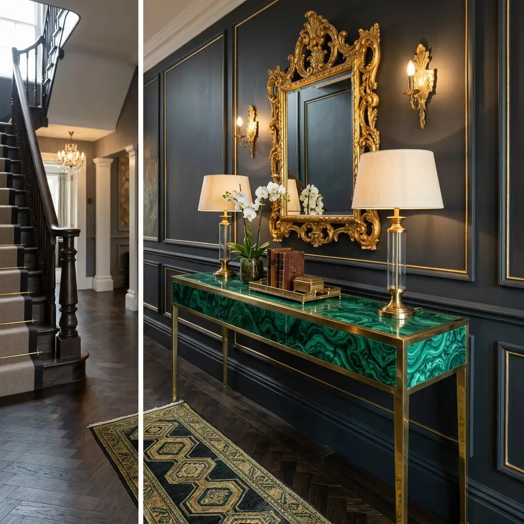 Opulent entryway featuring a custom console table with a Malachite stone top and brass edges