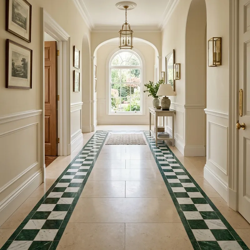 Checkerboard hallway marble floor border design