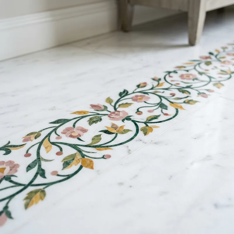Floral CNC water-jet motif marble floor border design
