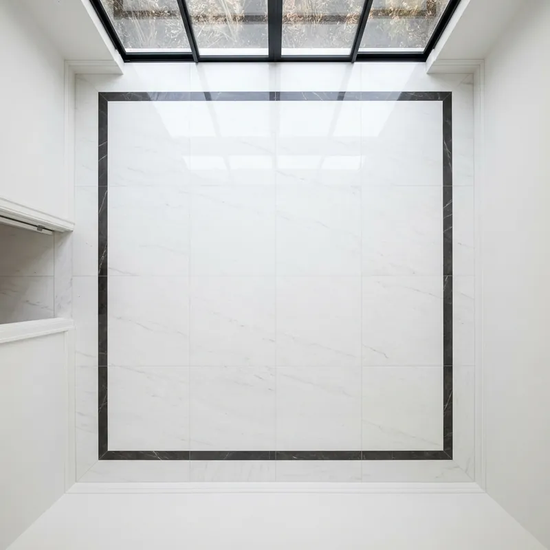 Minimalist floating line marble floor border design in a modern home