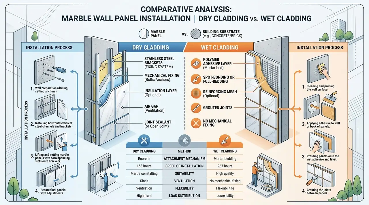 Dry cladding vs wet cladding installation methods for marble wall panels showing mechanical anchors and polymer adhesive layers