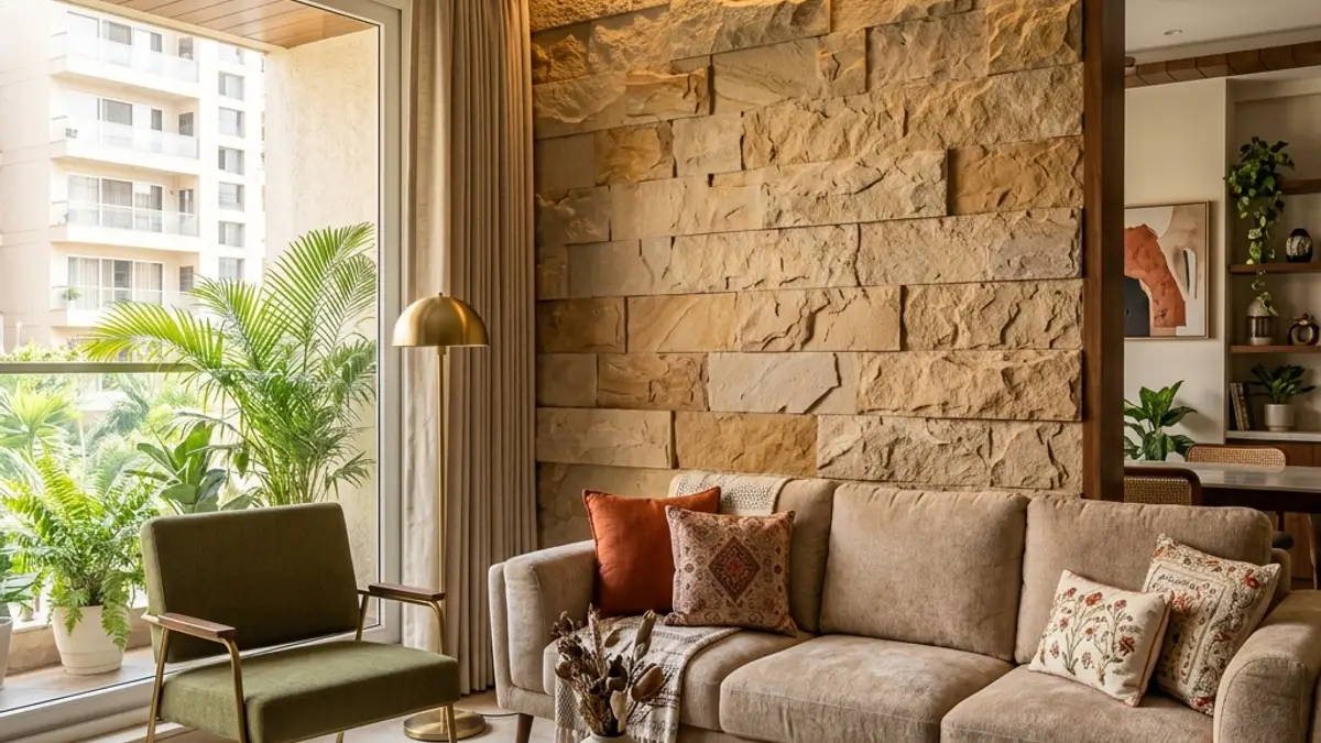 Modern interior wall cladding designs using natural stone in a luxury Indian living room