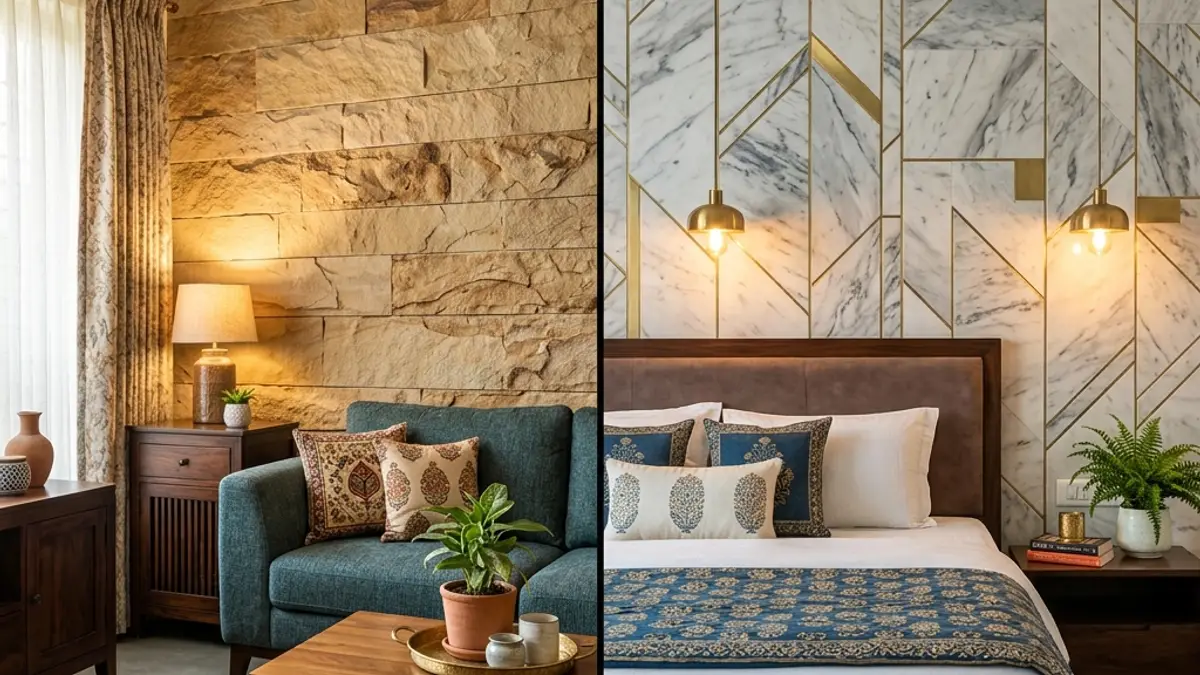Interior wall cladding design ideas for different rooms - stacked stone and geometric panels