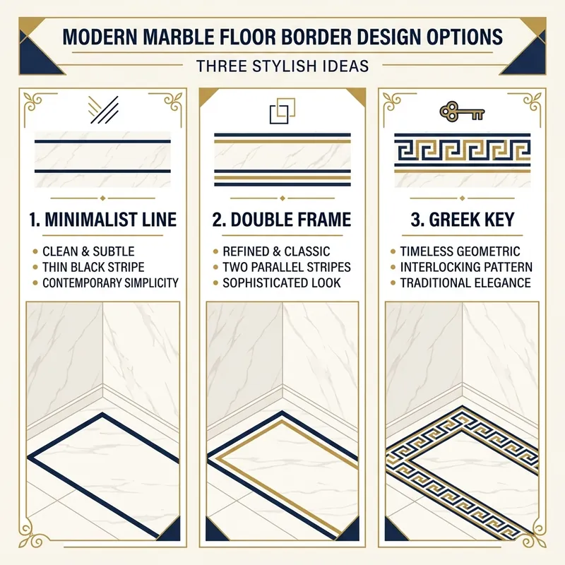 Infographic illustrating design options for modern marble floor border designs