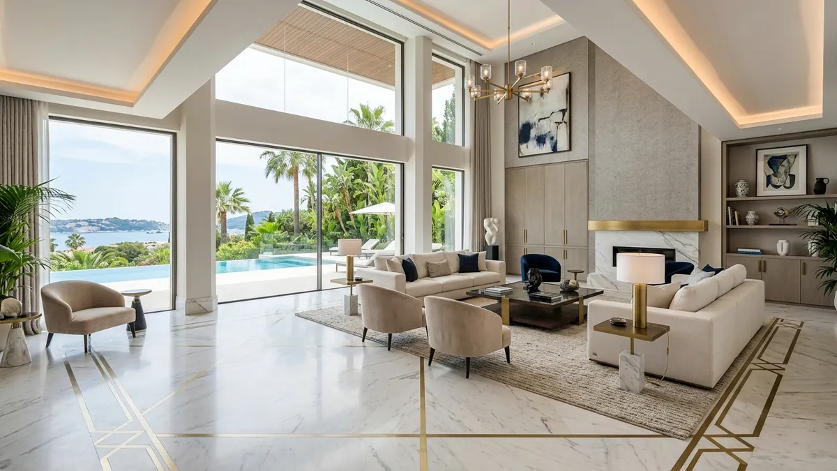 Luxury living room featuring polished white marble flooring with subtle grey veins and geometric brass metal inlay borders
