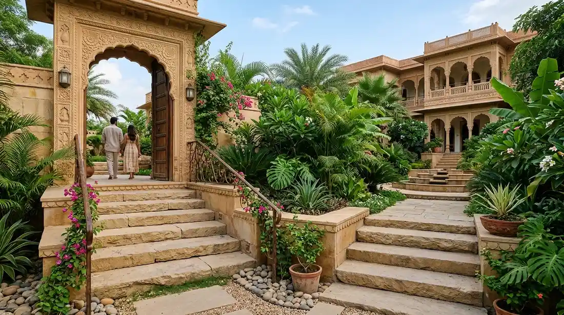 Monolithic solid block natural stone steps in an open courtyard architectural entrance with sandblasted sandstone texture