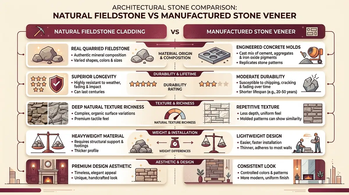 Comparison infographic between natural fieldstone cladding vs manufactured stone veneer covering durability, weight, cost and texture