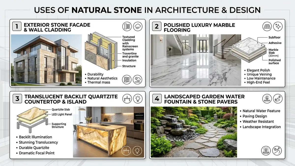 Uses of natural stone in modern architecture and interior design infographic showing exterior facade cladding, luxury marble flooring, backlit quartzite kitchen island and landscaped water features