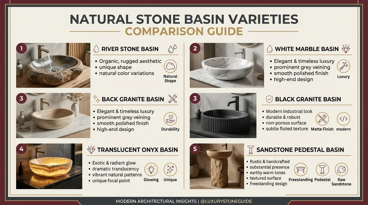 Natural stone basin varieties comparison guide showing river stone, white marble, black granite, translucent onyx and sandstone pedestal wash basins