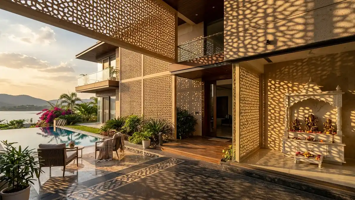 Natural stone jaali designs for home elevation featuring carved sandstone facade screen and pooja room partition