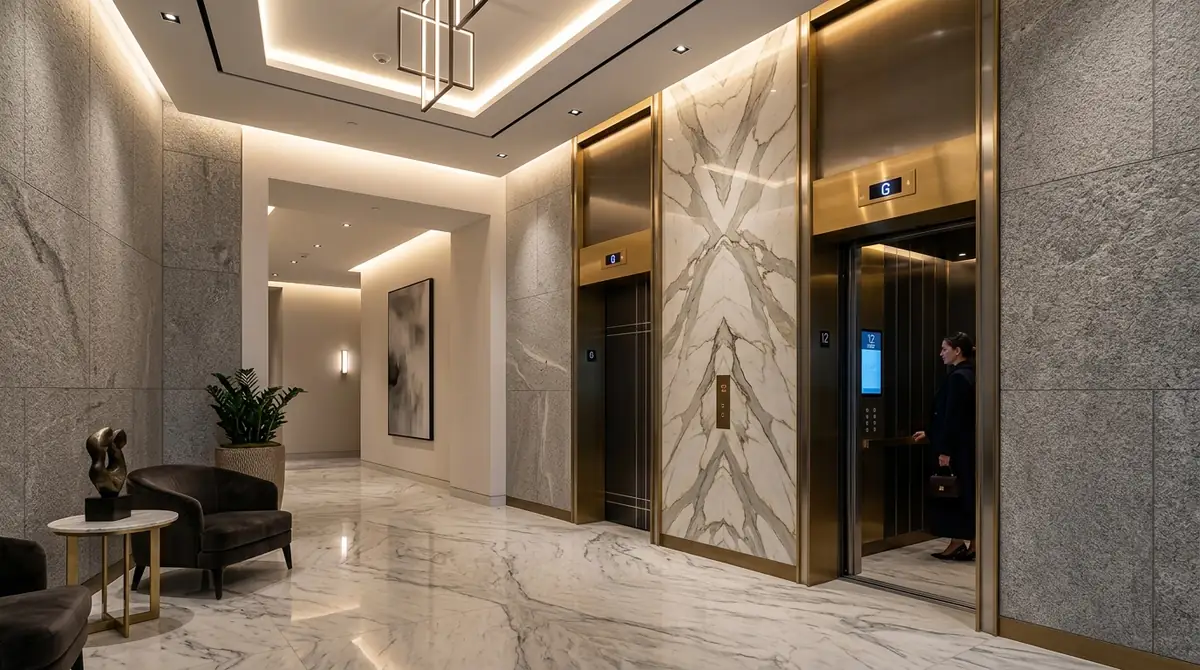 Modern natural stone lift wall cladding designs featuring bookmatched marble and flamed granite elevator lobby elevation