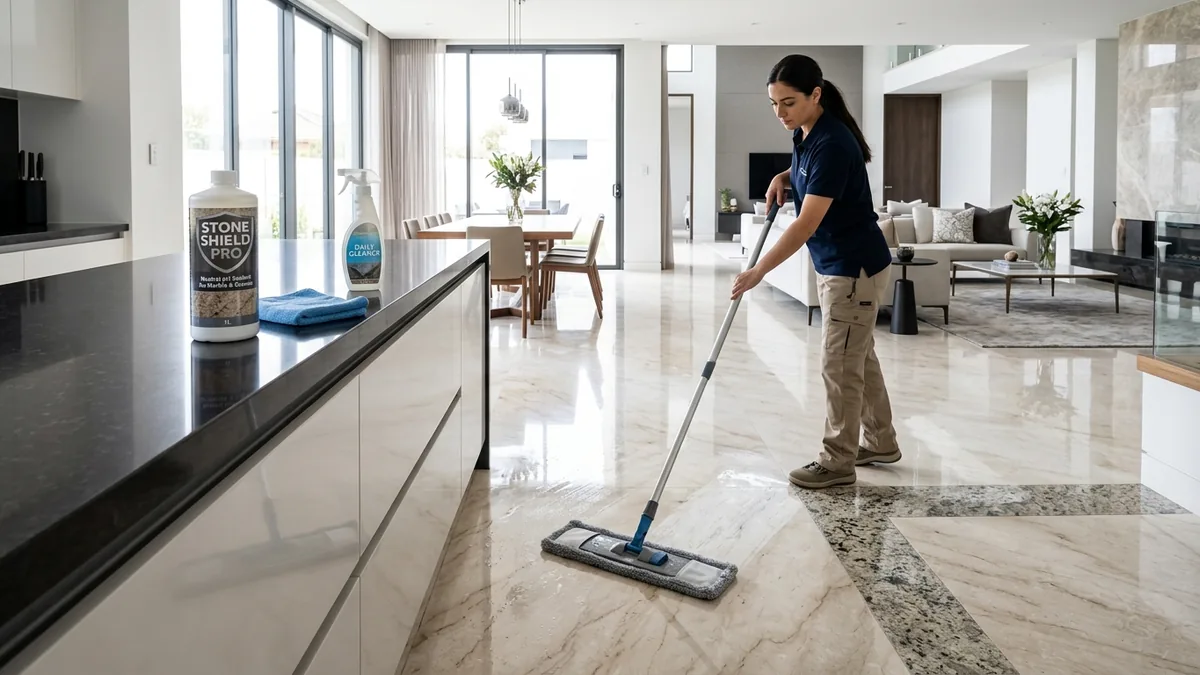 Professional natural stone floor cleaning and maintenance care with neutral pH cleaner and soft microfiber mop