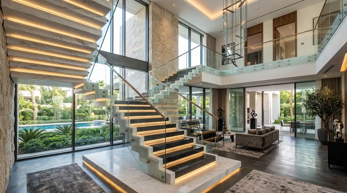 Natural stone staircase design ideas featuring modern cantilever floating marble and granite stairs with under-tread LED lighting and frameless glass railing