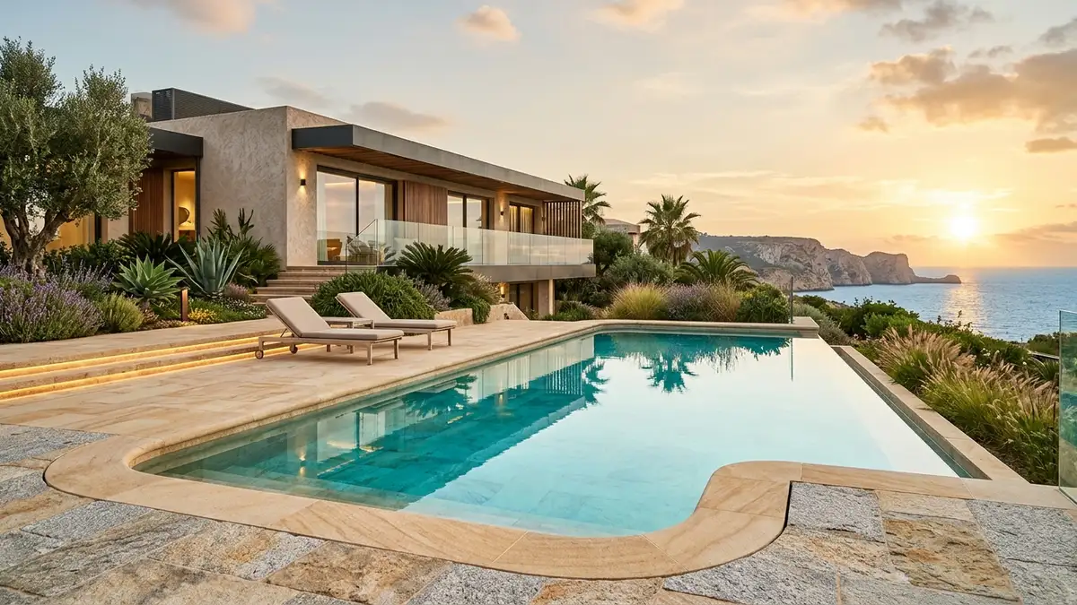 Luxury natural stone swimming pool deck paving with bullnose coping and flamed granite surrounds