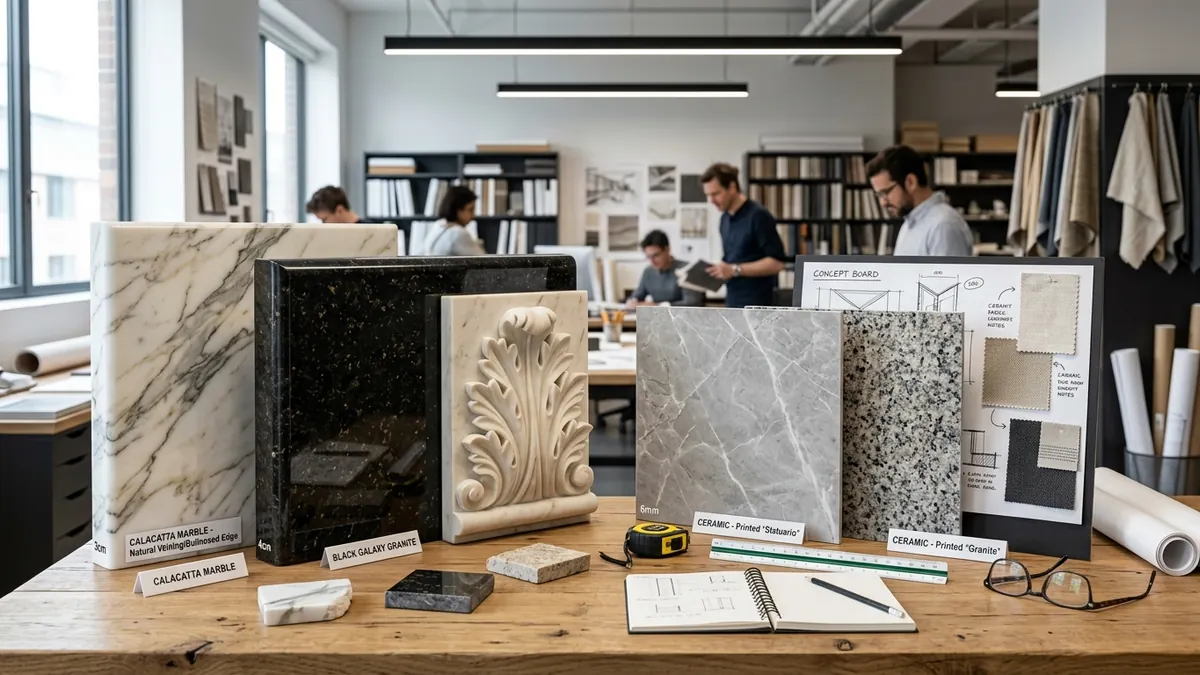 Architectural design comparison showing natural marble and granite slabs with bullnosed edge details versus printed ceramic tiles
