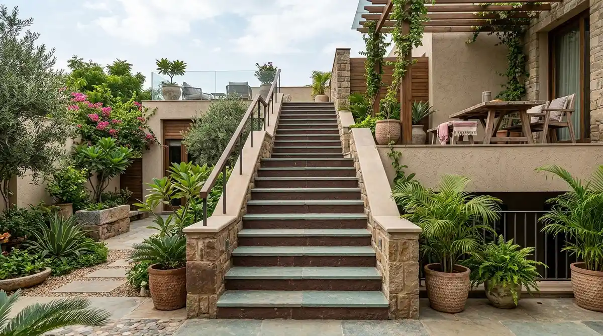 Outdoor natural limestone steps in Kota and Shahabad stone with textured anti-slip surface and forward drainage slope