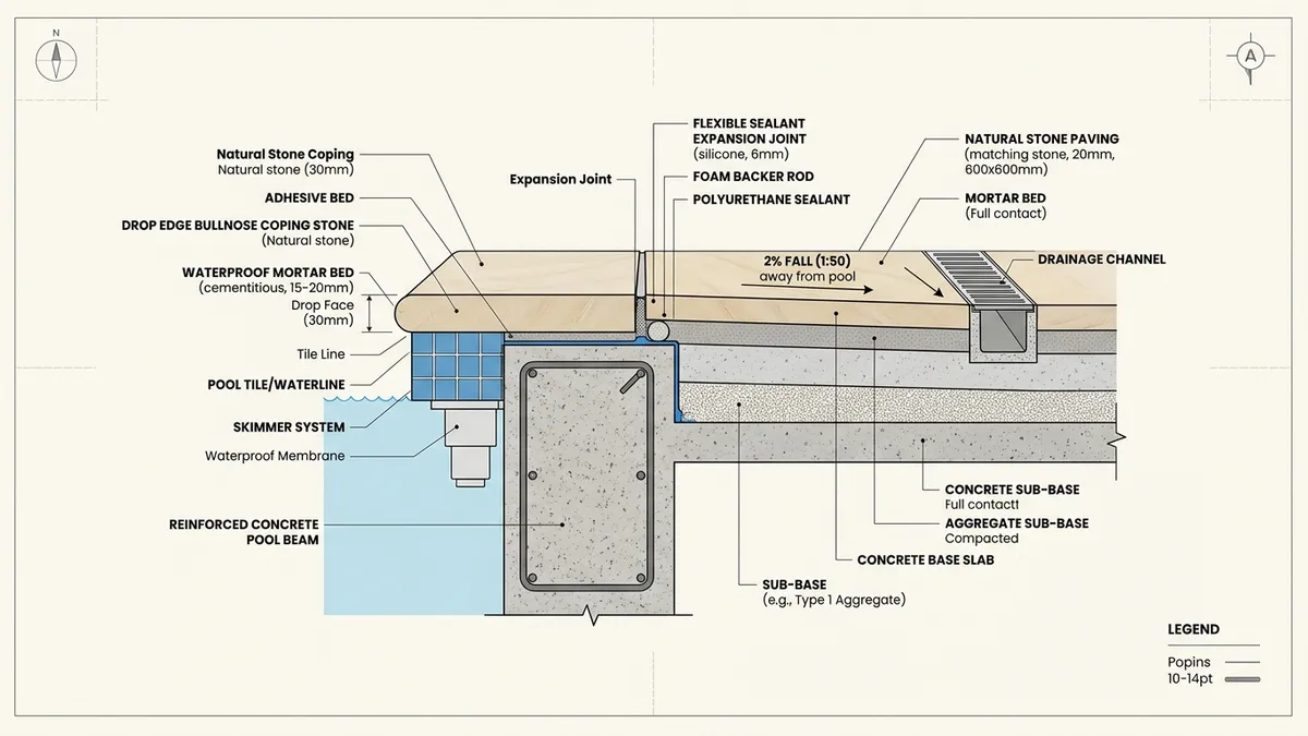 Technical architectural cross-section infographic diagram showing swimming pool deck stone paving and bullnose coping installation