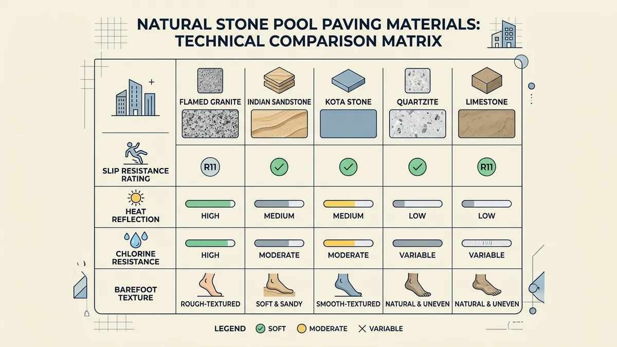 Natural stone pool paving materials technical comparison matrix showing flamed granite, Indian sandstone, Kota stone, quartzite and limestone