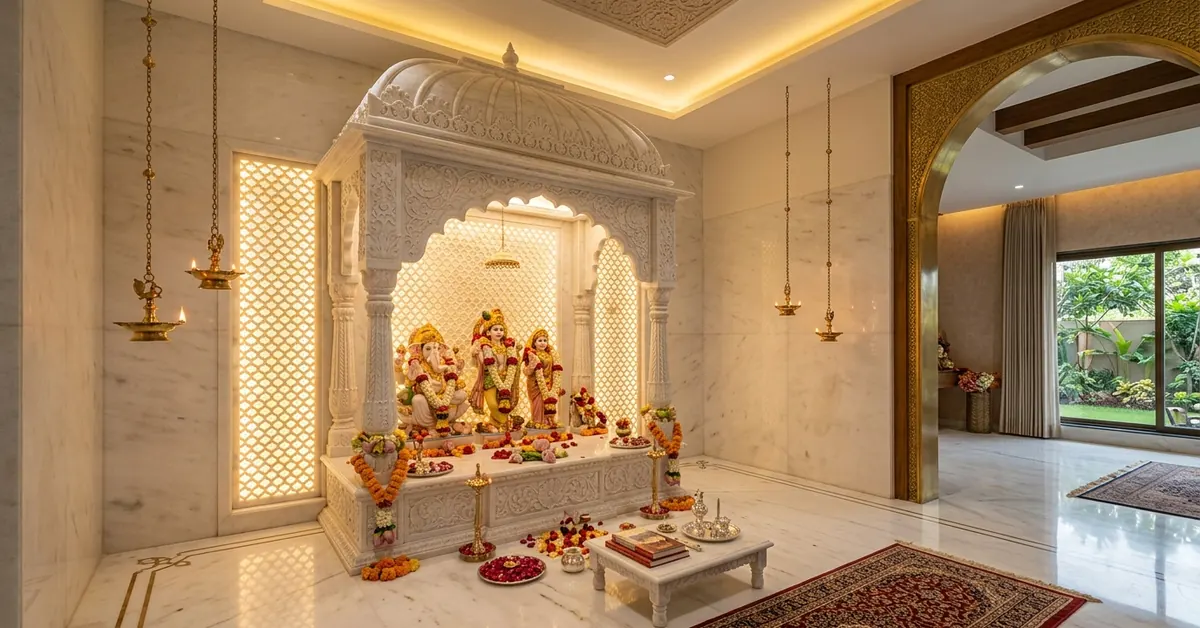 Luxury carved stone temple and mandir design in a modern Indian home