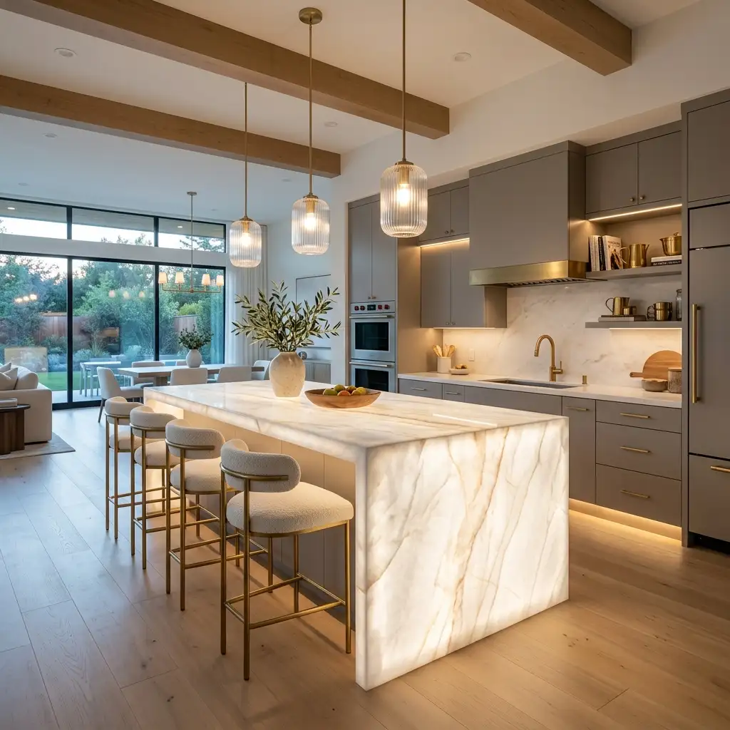 Modern luxury kitchen featuring a backlit translucent white quartz island countertop