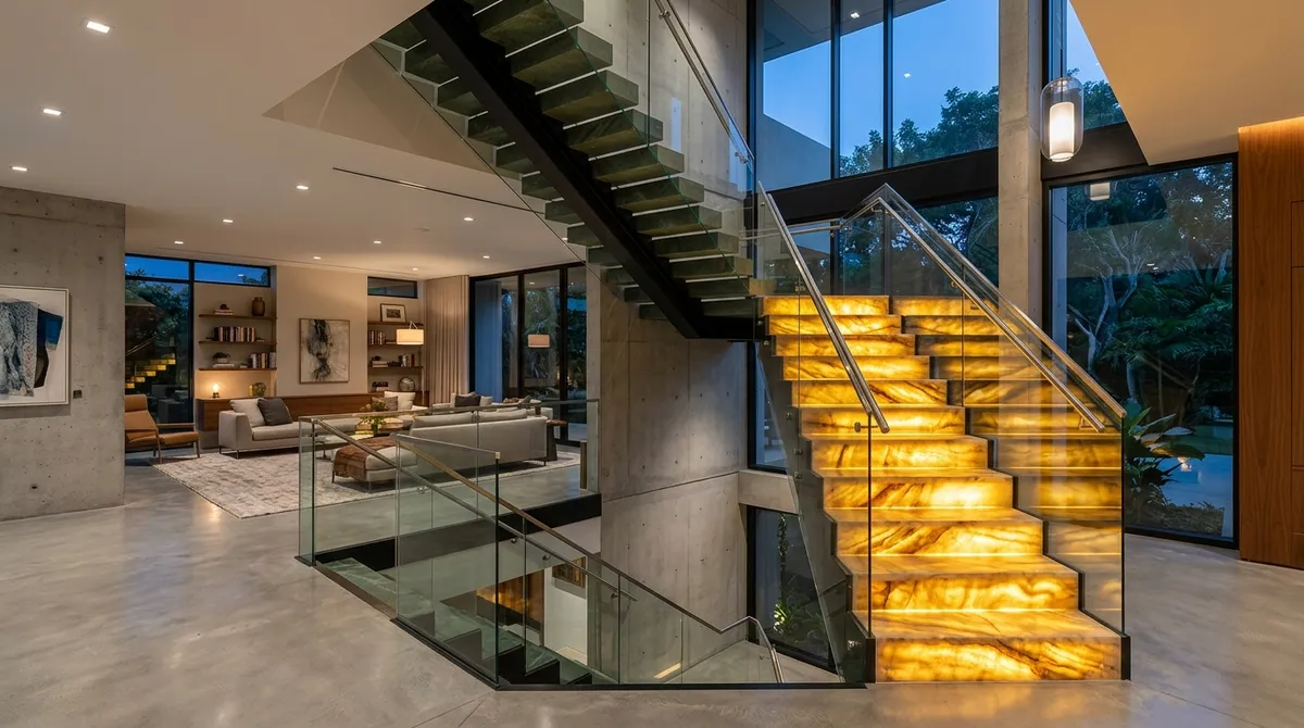 Modern quartzite and leather-finish Kota stone staircase treads showing natural matte texture and high durability