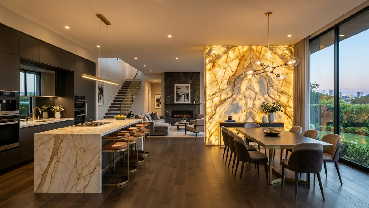 Translucent backlit golden quartzite feature wall behind luxury dining table and waterfall quartzite kitchen countertop island