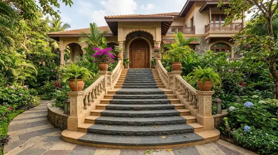 Outdoor Rajasthan sandstone steps in Dholpur beige and teakwood texture leading to a landscaped garden villa entrance