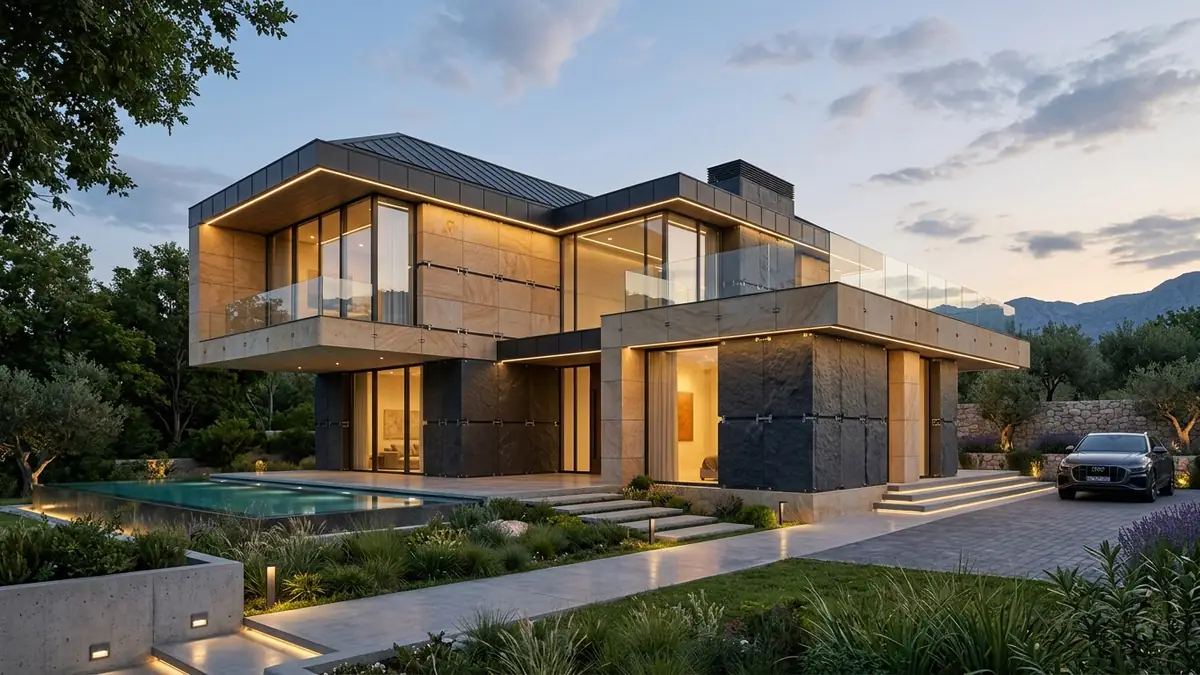 Architectural exterior facade of modern villa showing natural sandstone and dark granite ventilated dry wall cladding with mechanical bracket installation