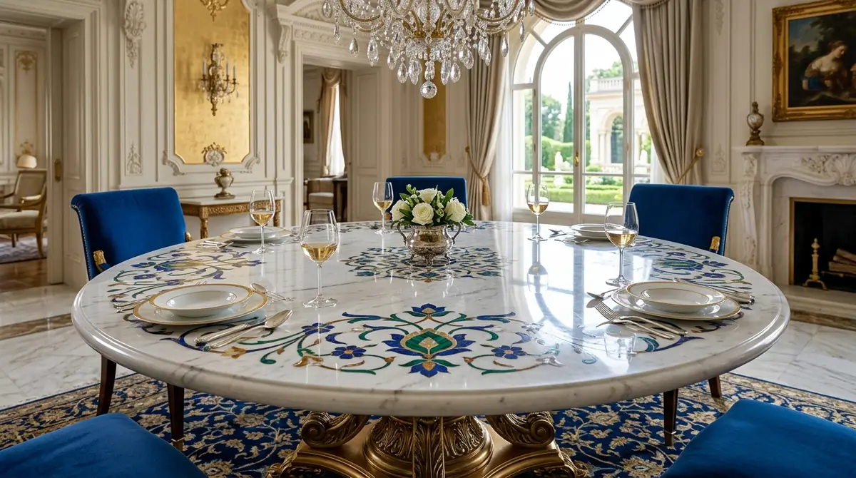 Custom round white marble dining table top featuring Pietra Dura semi-precious stone inlays of lapis lazuli, malachite and mother of pearl
