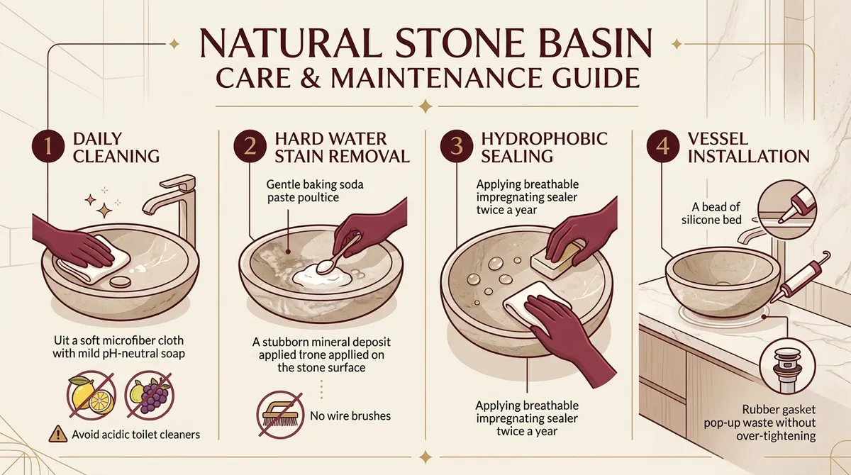 Natural stone basin care and maintenance guide showing daily cleaning, hard water stain removal, hydrophobic sealing and vessel installation tips