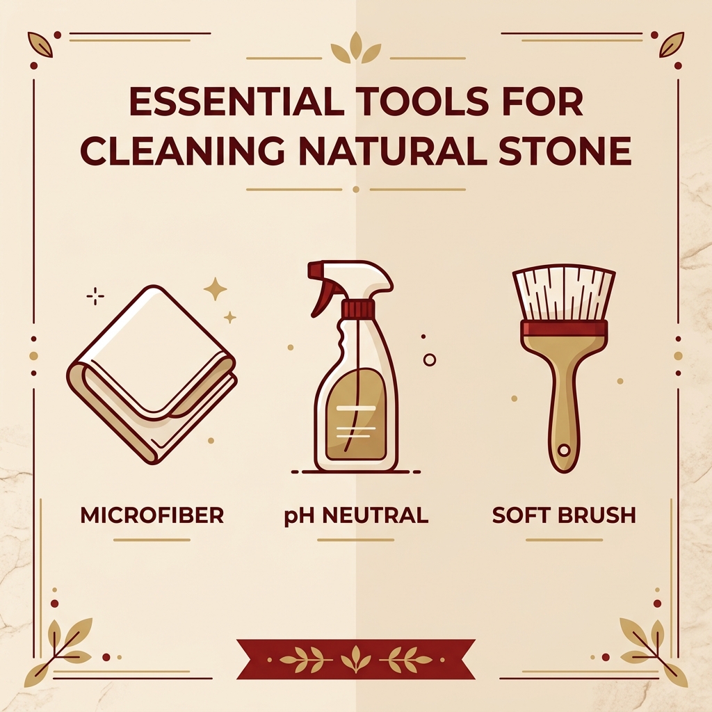 infographic showing the safe tools and ph-neutral products for cleaning natural stone wall panels