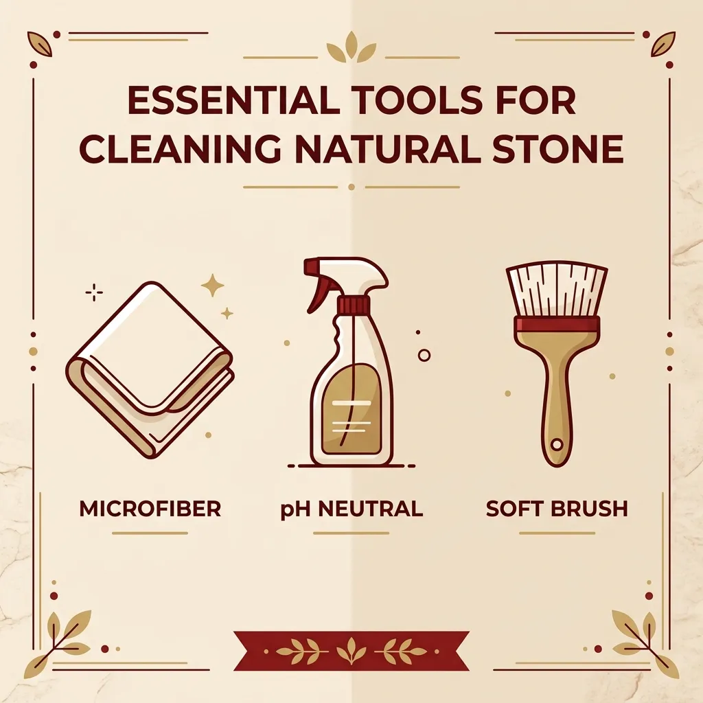 infographic showing the safe tools and ph-neutral products for cleaning natural stone wall panels