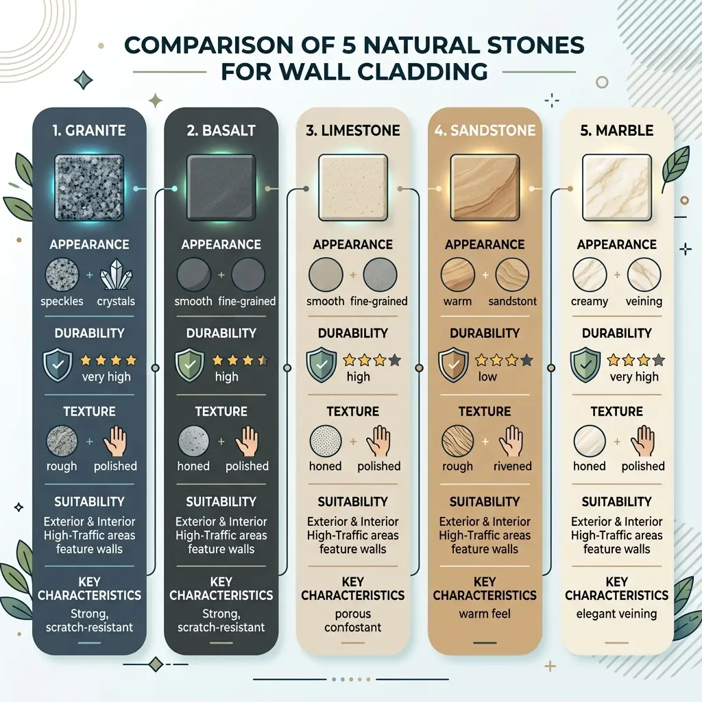 Infographic comparing 5 natural stones for wall cladding based on durability and texture