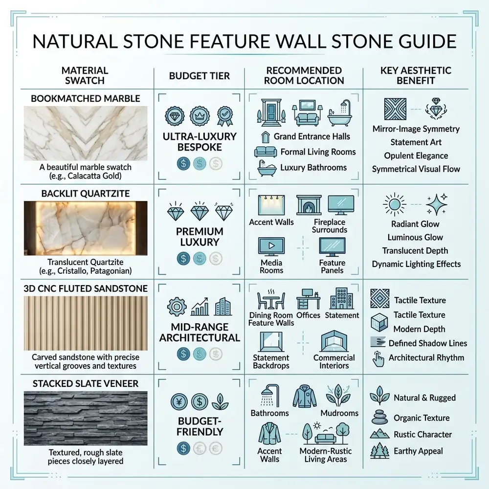 Natural stone feature wall stone guide infographic comparing bookmatched marble, backlit quartzite, fluted sandstone and stacked slate veneer