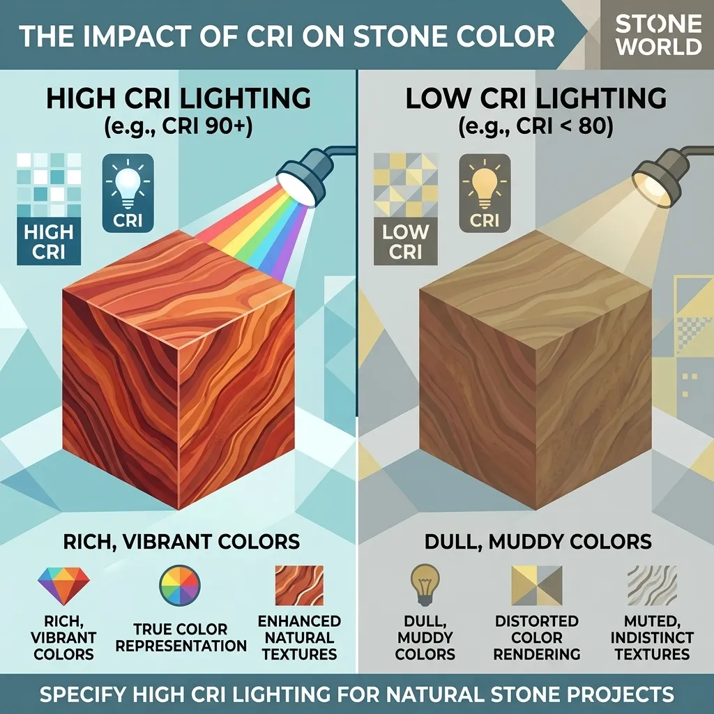 Infographic illustrating the difference between high CRI and low CRI lighting on natural stone colors