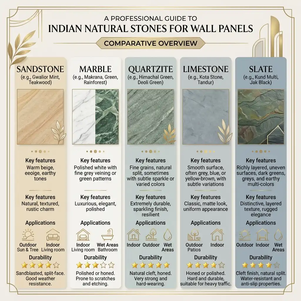 Elegant infographic comparing premium Indian natural stones for wall panels, showing sandstone, marble, quartzite, limestone, and slate with applications and durability ratings by Stone World