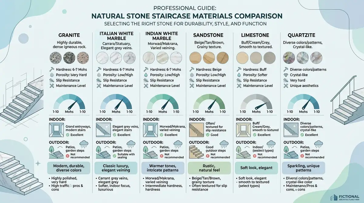 Natural stone staircase materials comparison infographic showing granite, marble, sandstone, limestone and quartzite durability, hardness and indoor application guide