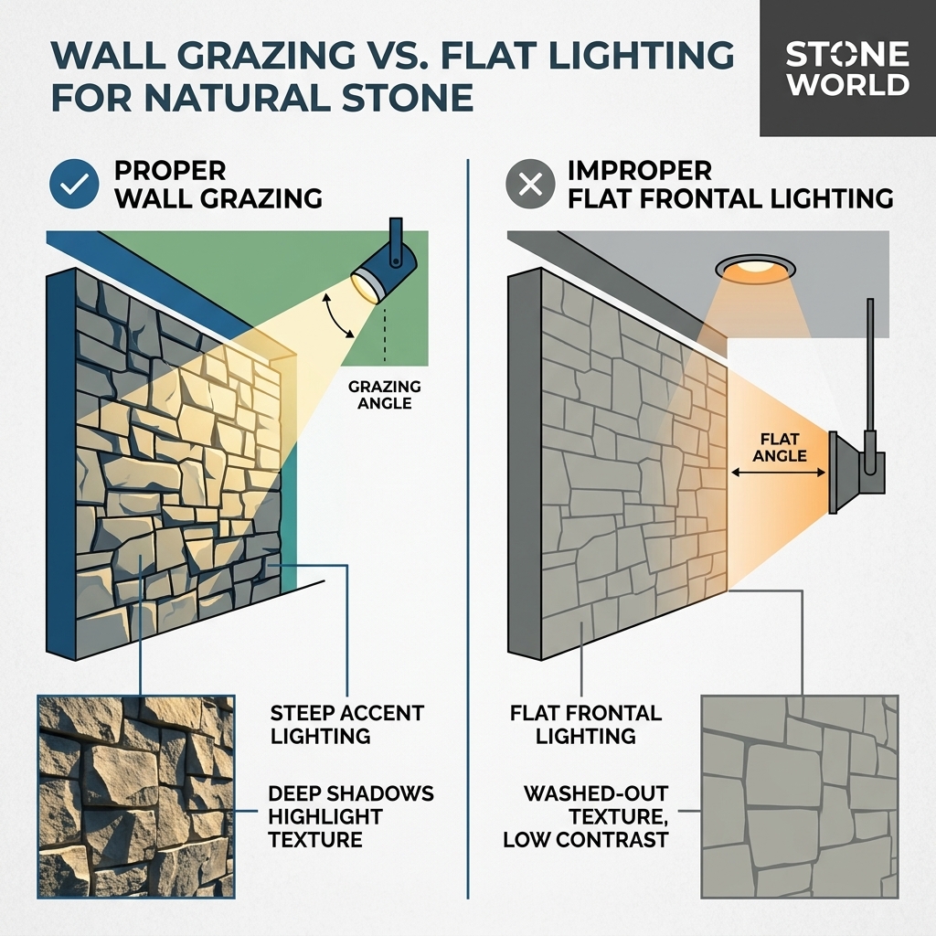 Infographic showing proper wall grazing angles to highlight natural stone texture versus improper flat frontal lighting