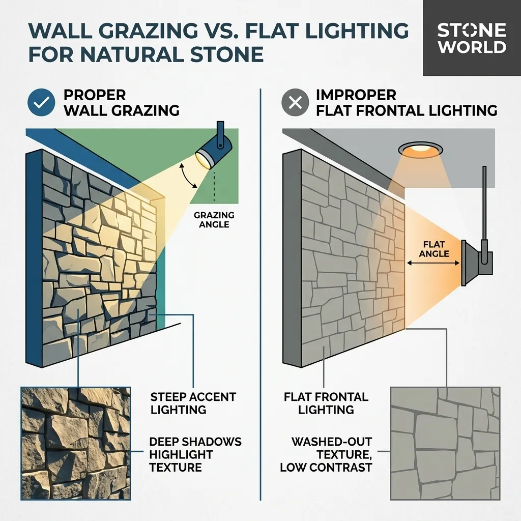 Infographic showing proper wall grazing angles to highlight natural stone texture versus improper flat frontal lighting
