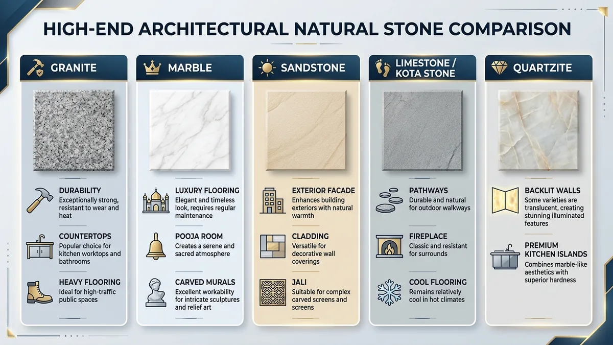 Architectural natural stone comparison infographic showing Granite, Marble, Sandstone, Limestone and Quartzite applications