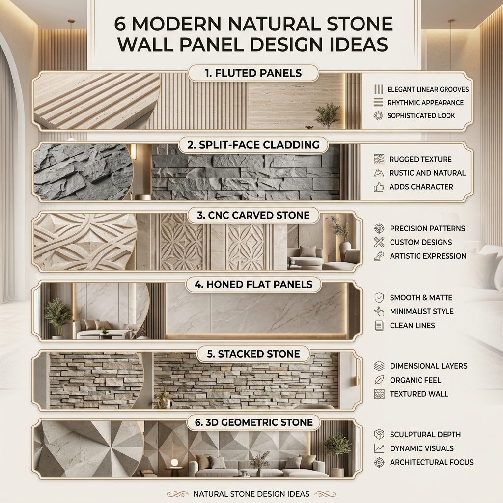 Modern infographic showing 6 premium natural stone wall panel design ideas for 2026 including fluted panels, split-face cladding, and CNC carved stone by Stone World Indore