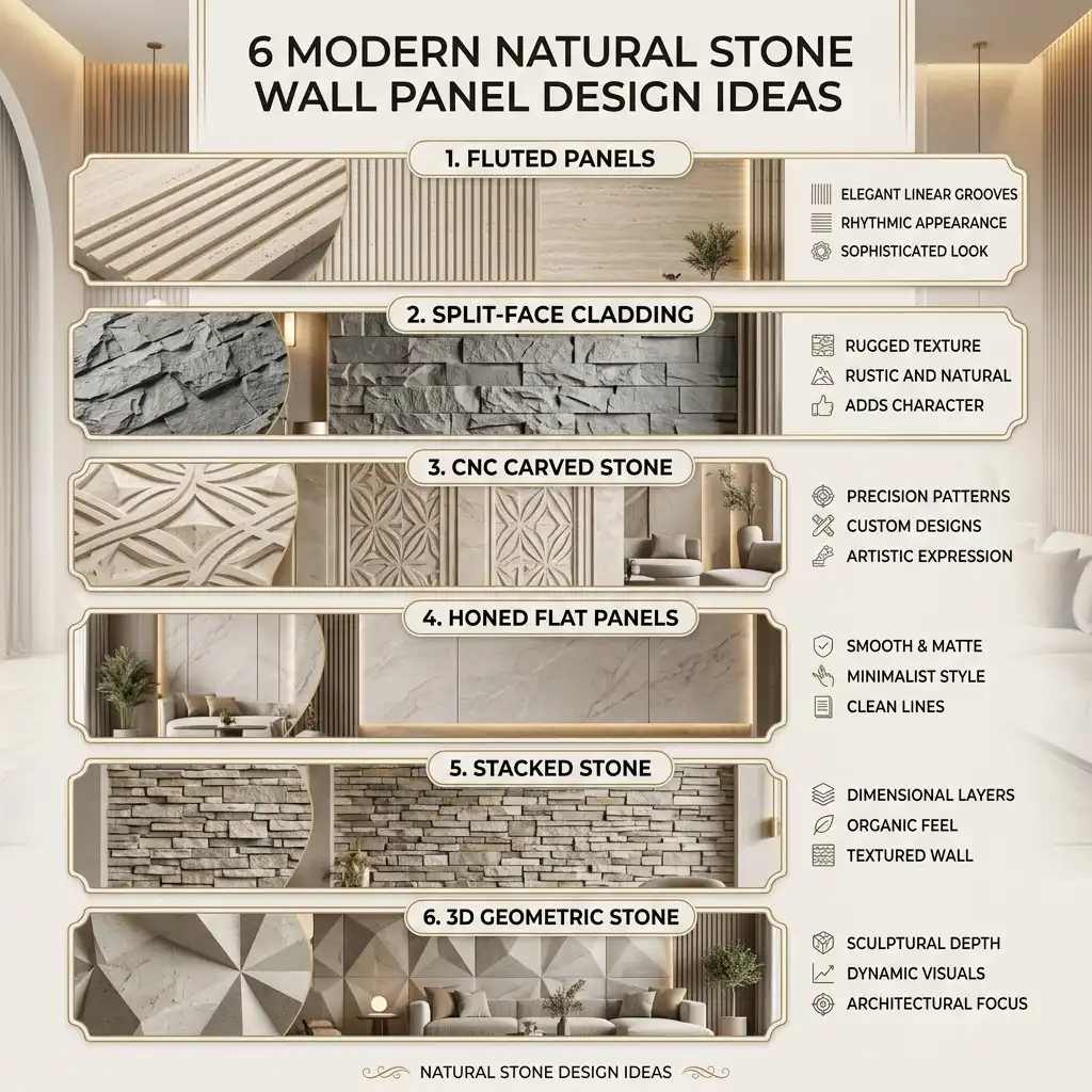 Modern infographic showing 6 premium natural stone wall panel design ideas for 2026 including fluted panels, split-face cladding, and CNC carved stone by Stone World Indore