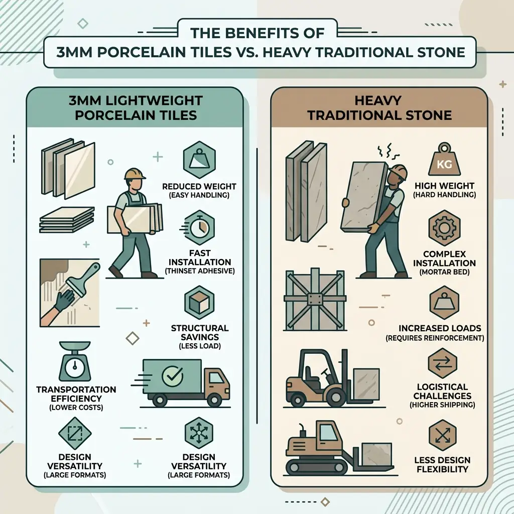 Infographic showing the benefits of lightweight 3mm porcelain tiles compared to traditional stone