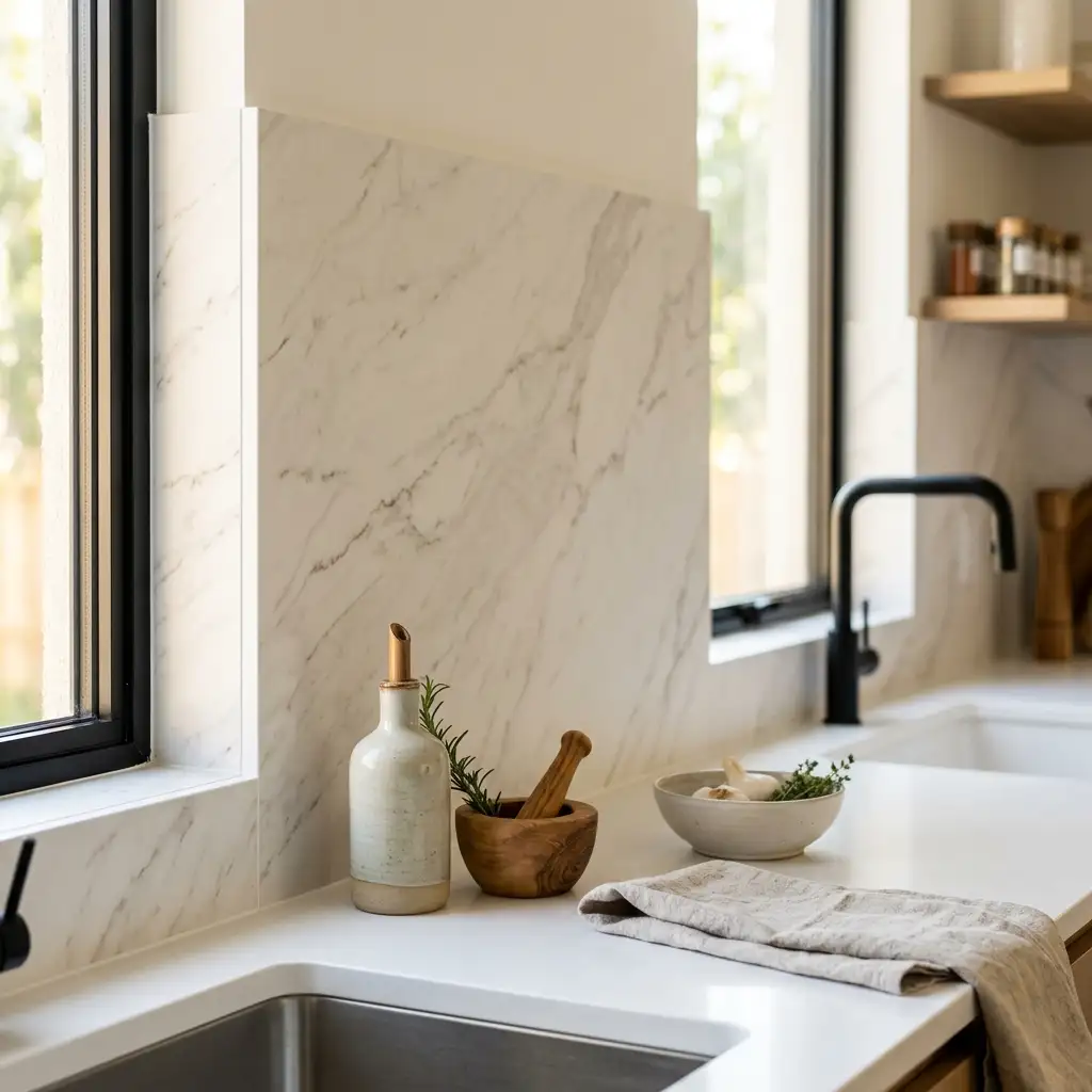 Sleek modern kitchen backsplash and countertop clad in seamless Stonelam porcelain slabs